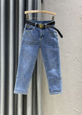 Diy Denim Blue High Waist Sashes Crop Pants Summer Ty1070