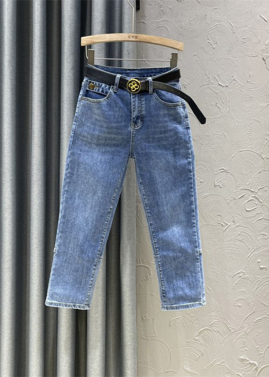 Diy Denim Blue High Waist Sashes Crop Pants Summer Ty1070
