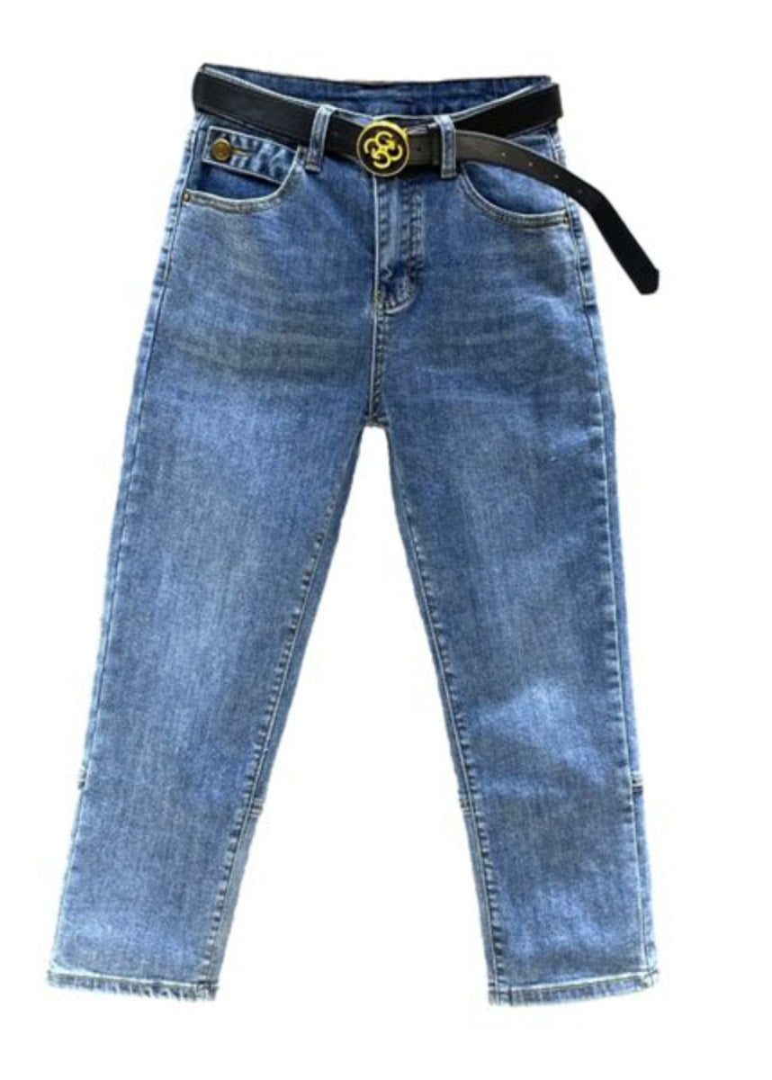 Diy Denim Blue High Waist Sashes Crop Pants Summer Ty1070