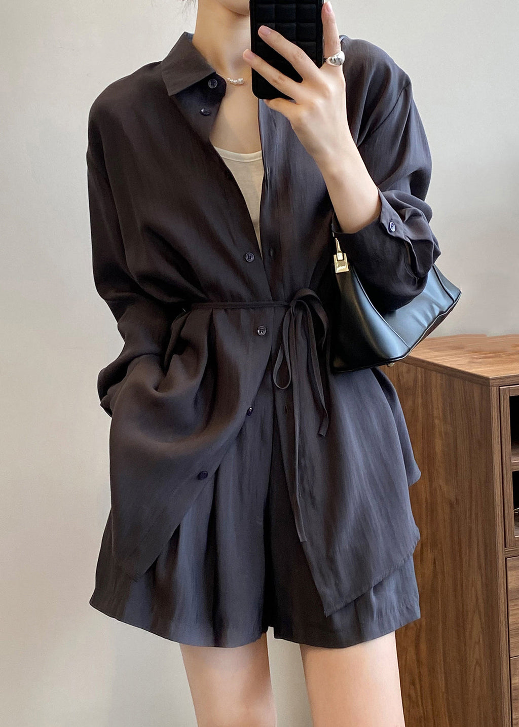 Dark Gray Button Silk Two-piece Set Peter Pan Collar Spring