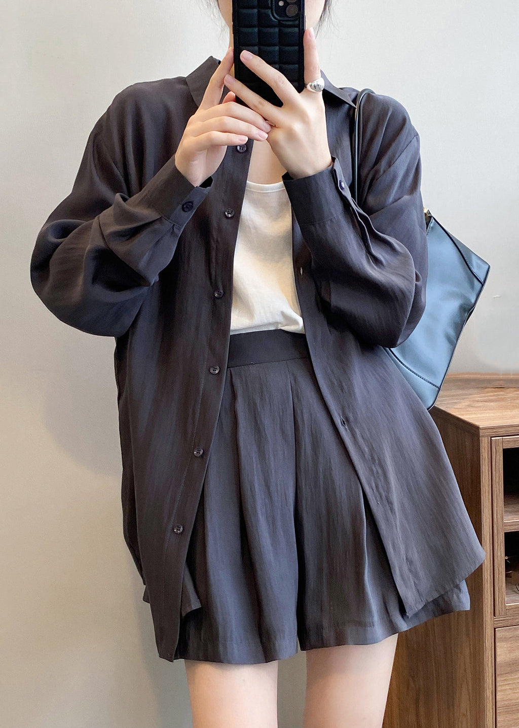 Dark Gray Button Silk Two-piece Set Peter Pan Collar Spring