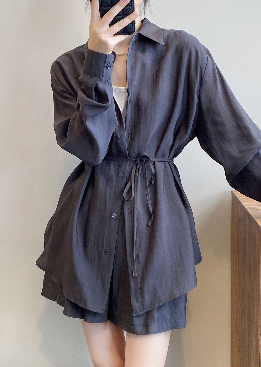 Dark Gray Button Silk Two-piece Set Peter Pan Collar Spring