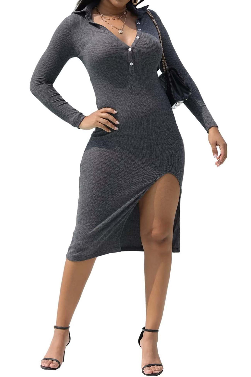Ribbed Back Tie High Split Midi Dress