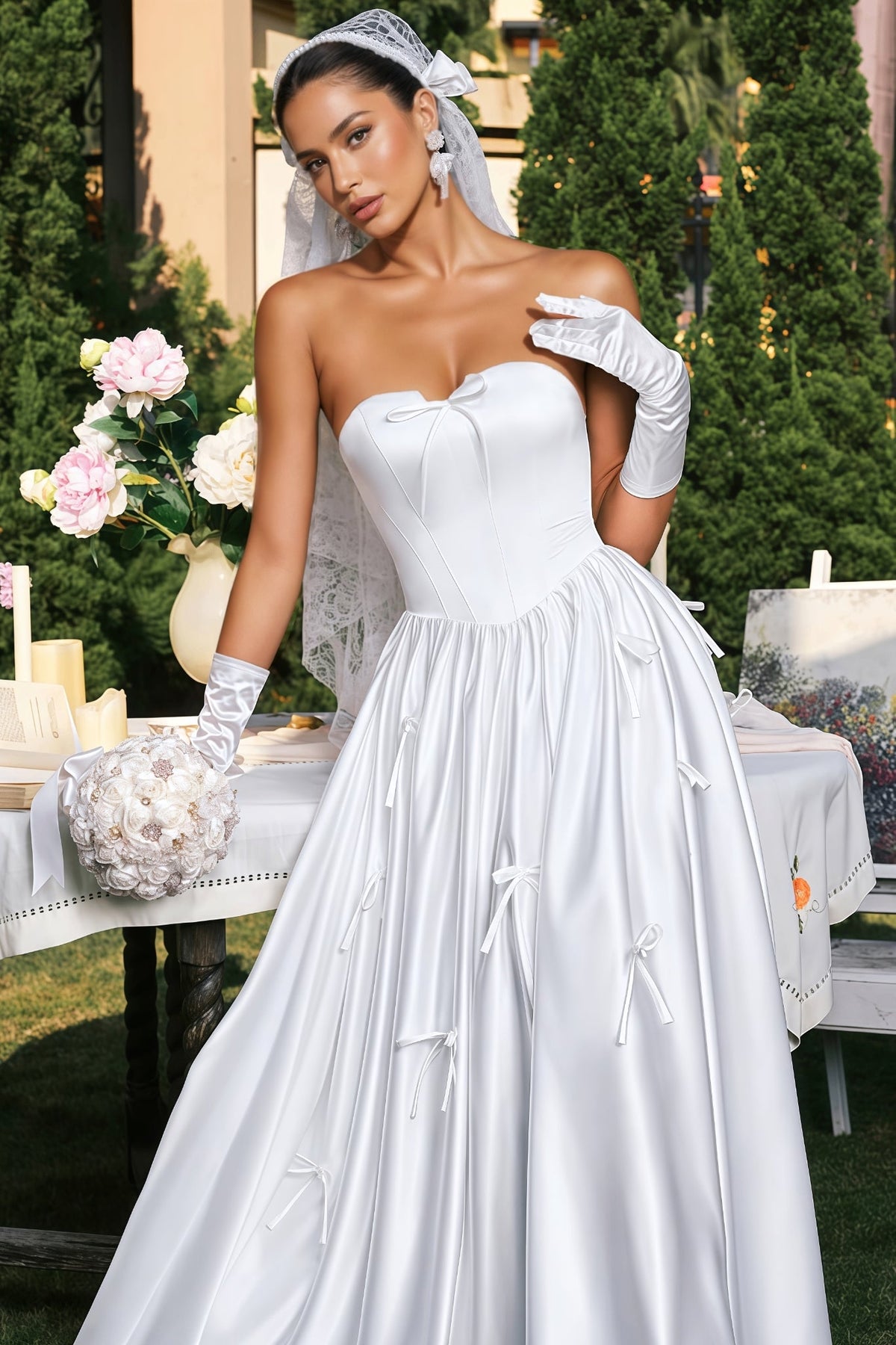 Karmen White Plunge Bow Maxi Dress