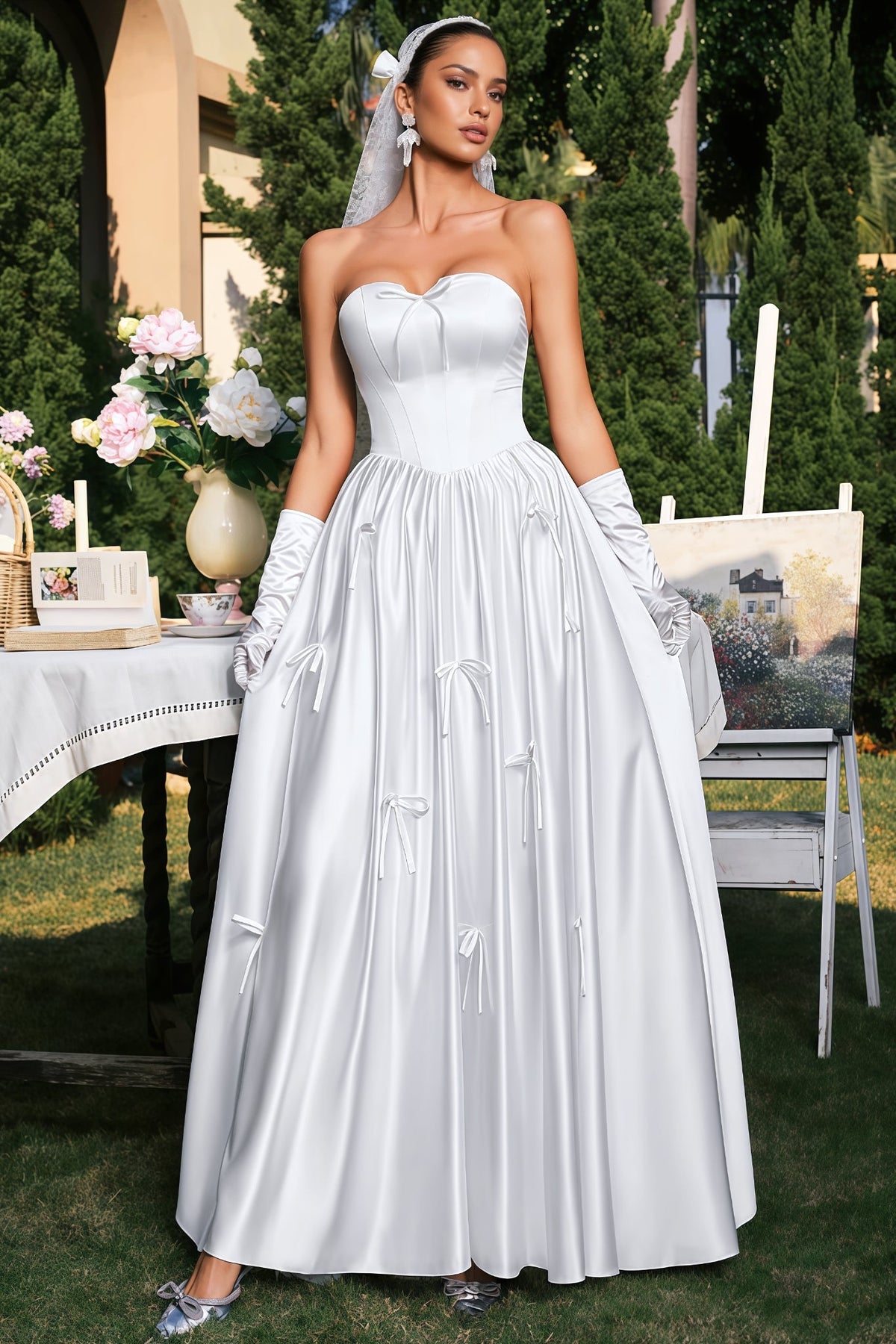 Karmen White Plunge Bow Maxi Dress