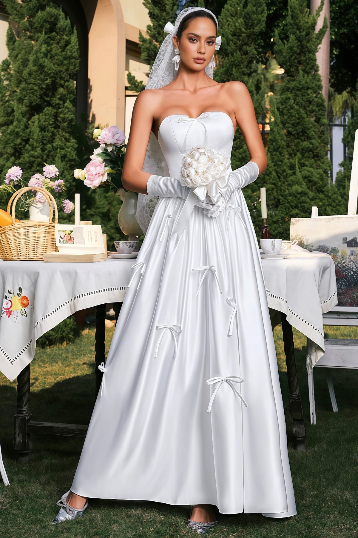 Karmen White Plunge Bow Maxi Dress
