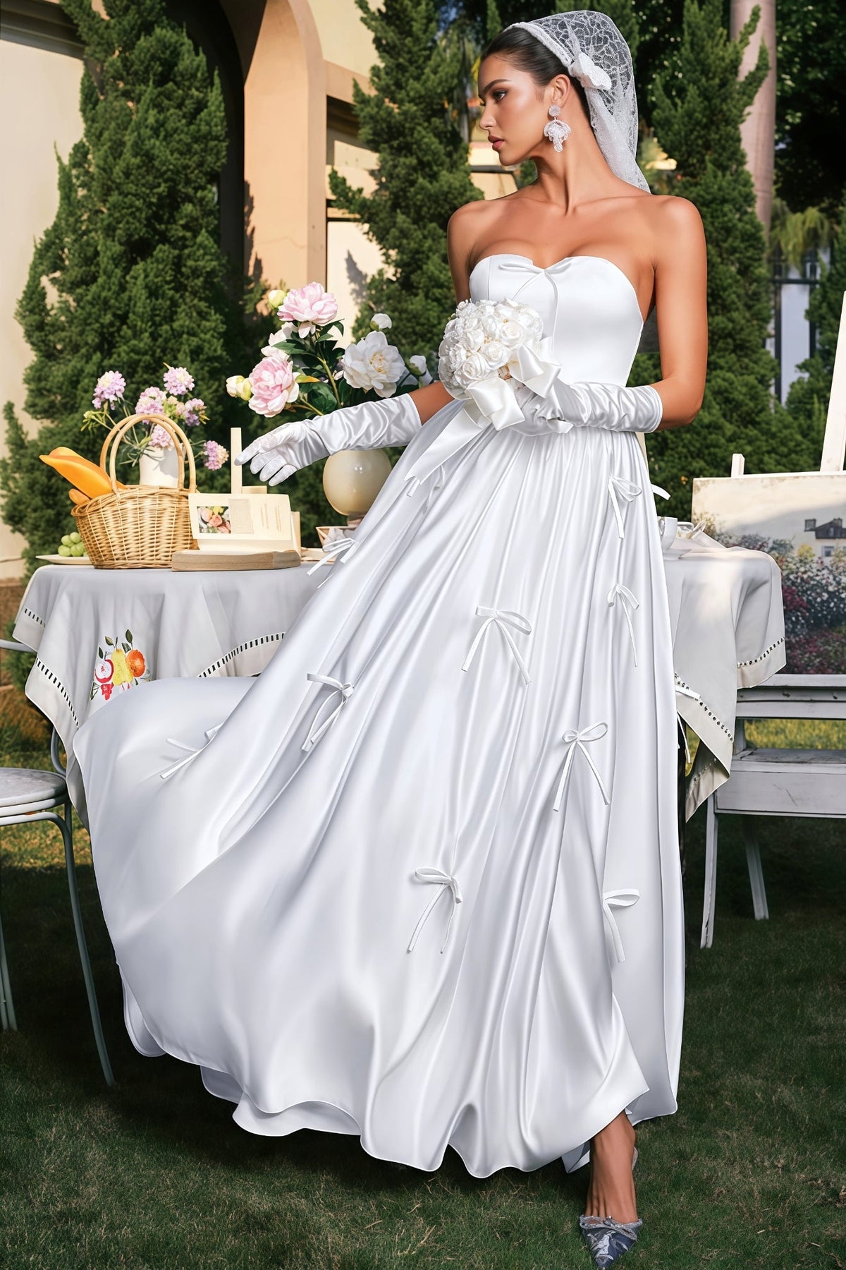 Karmen White Plunge Bow Maxi Dress