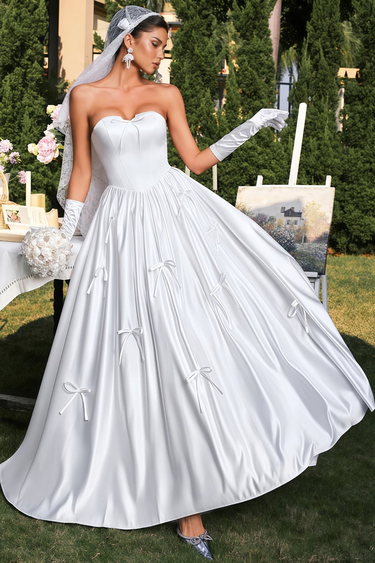 Karmen White Plunge Bow Maxi Dress