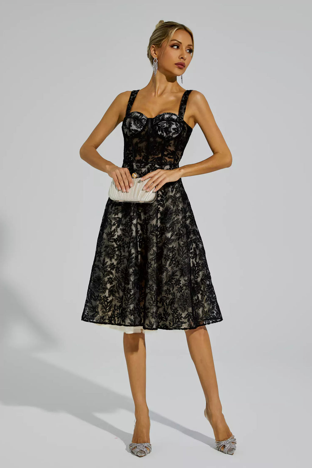 Dillon Black Lace Embroideries Midi Dress