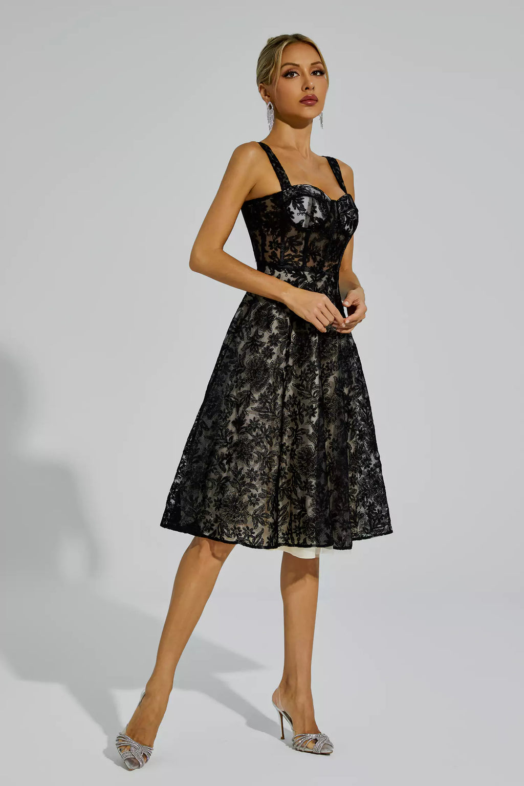 Dillon Black Lace Embroideries Midi Dress