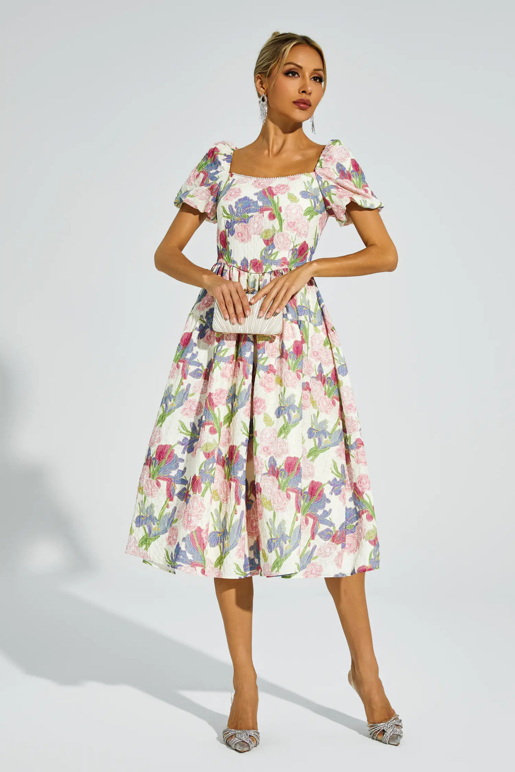 Dinah Pink Flower Puff Sleeves Midi Dress