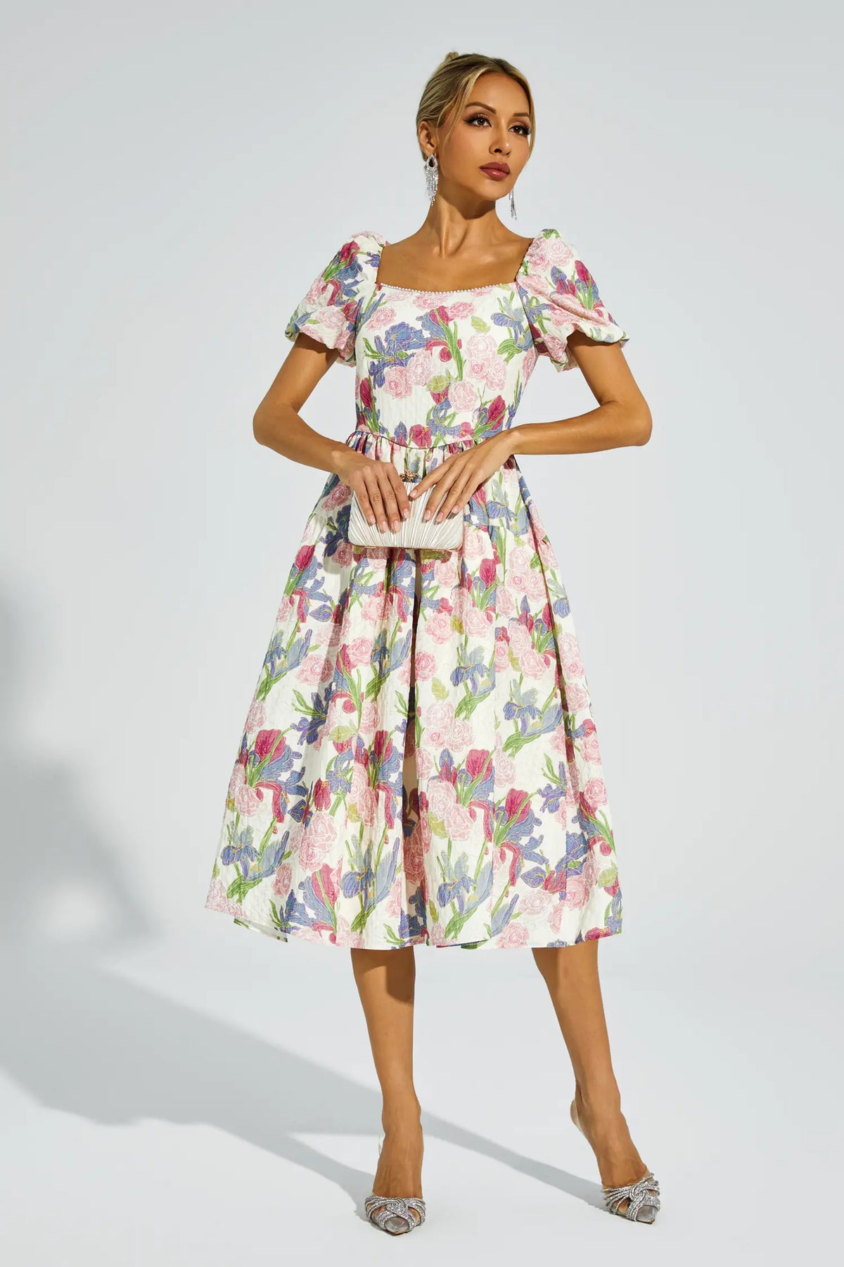 Dinah Pink Flower Puff Sleeves Midi Dress