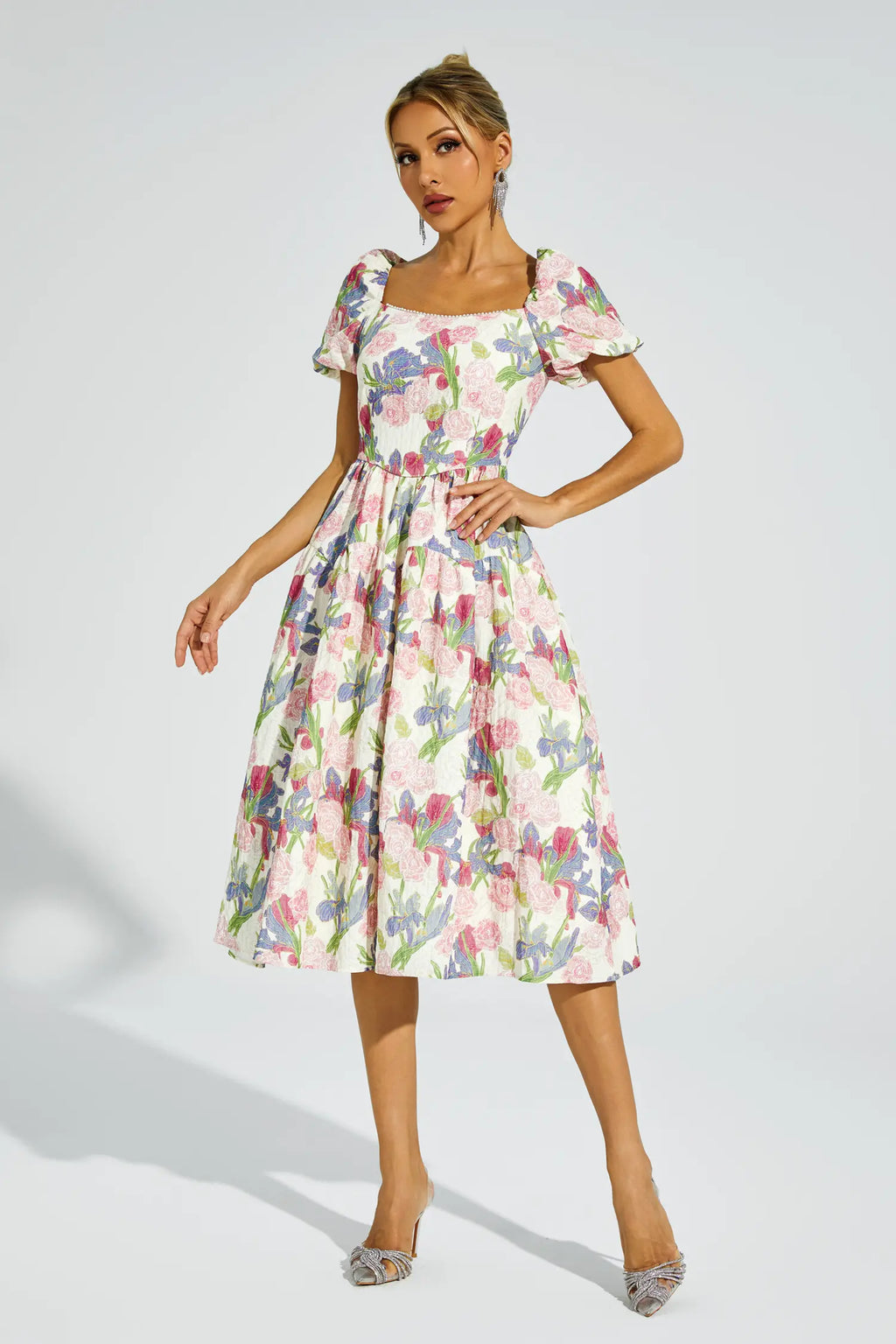 Dinah Pink Flower Puff Sleeves Midi Dress