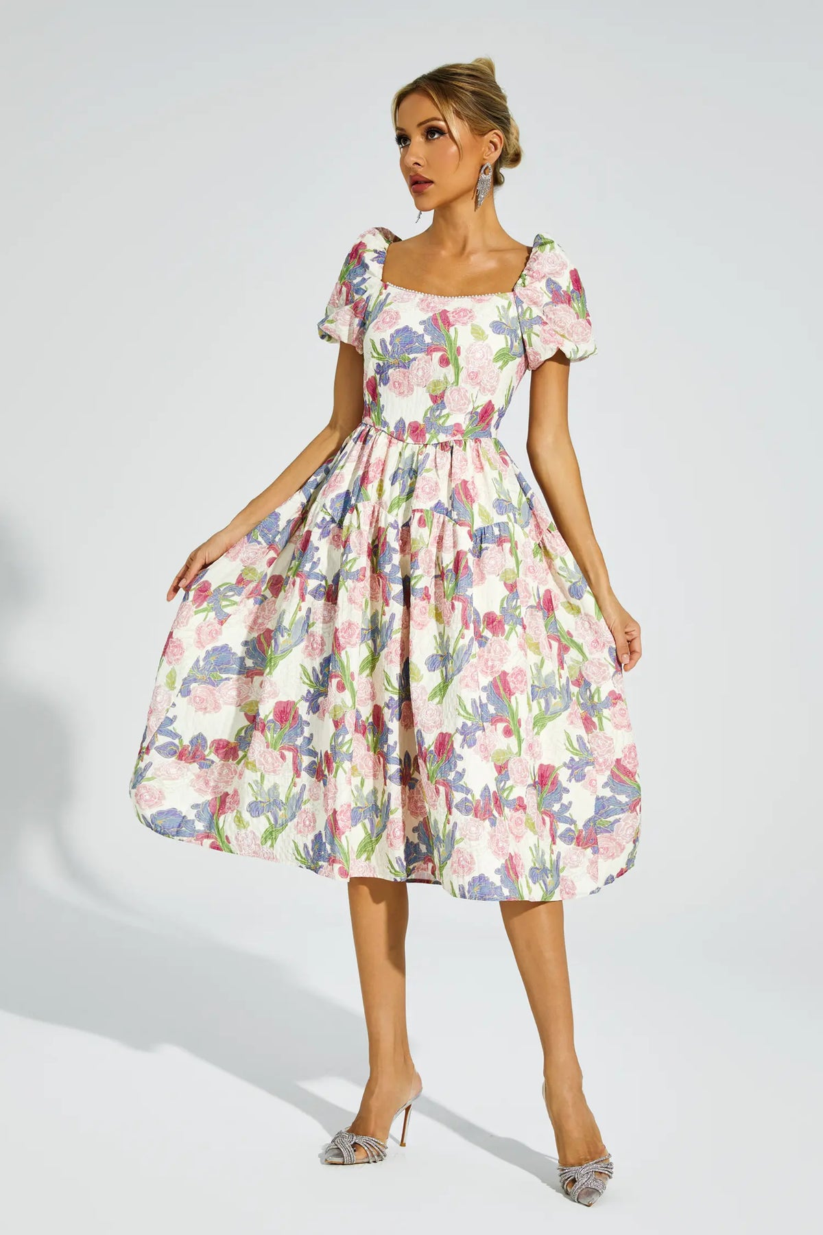 Dinah Pink Flower Puff Sleeves Midi Dress