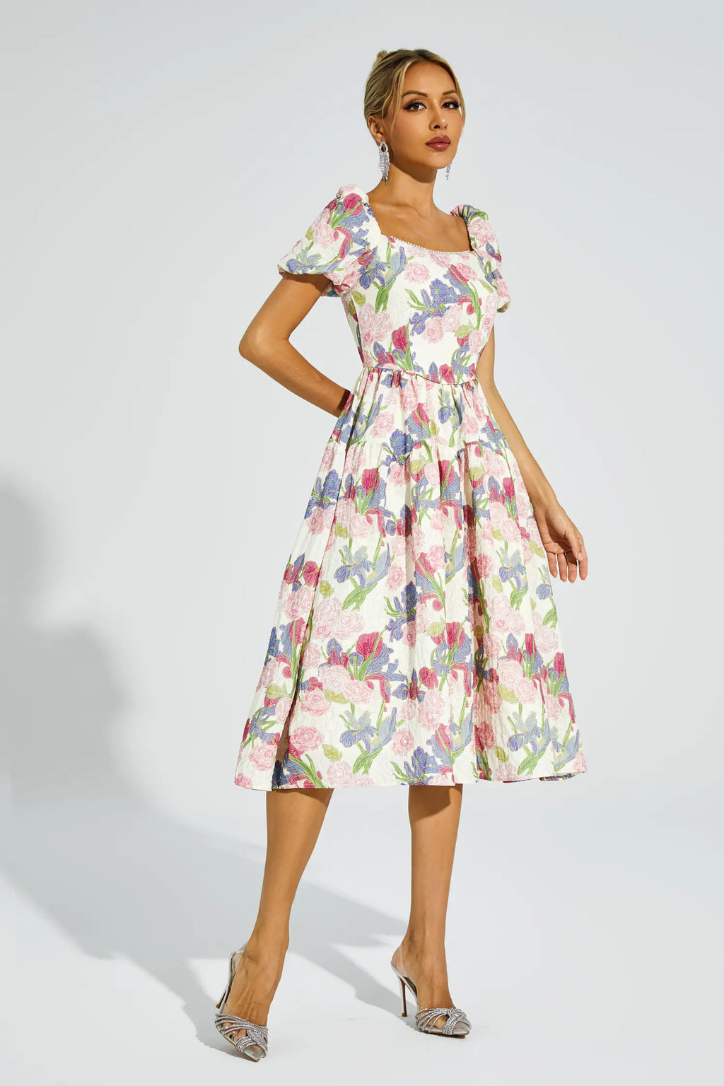 Dinah Pink Flower Puff Sleeves Midi Dress