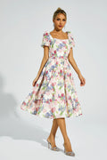 Dinah Pink Flower Puff Sleeves Midi Dress