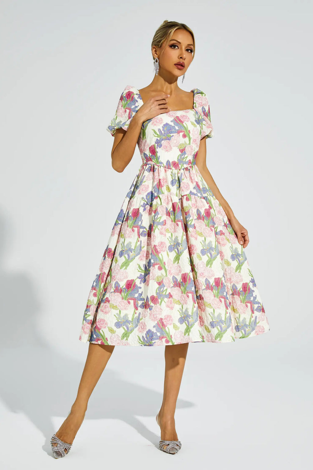Dinah Pink Flower Puff Sleeves Midi Dress