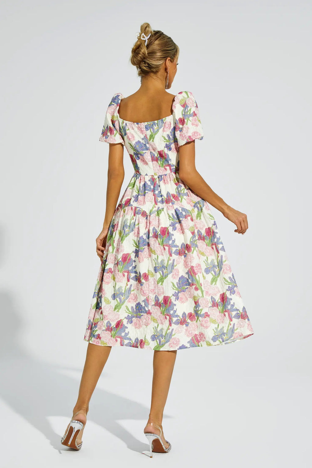 Dinah Pink Flower Puff Sleeves Midi Dress