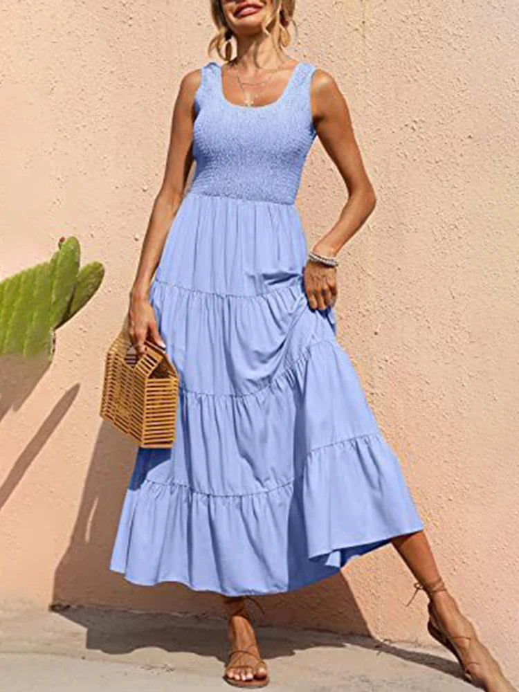 Dresses for Summer Sleeveless Color Long Dress Elastic Waist Beach Party Big Swing