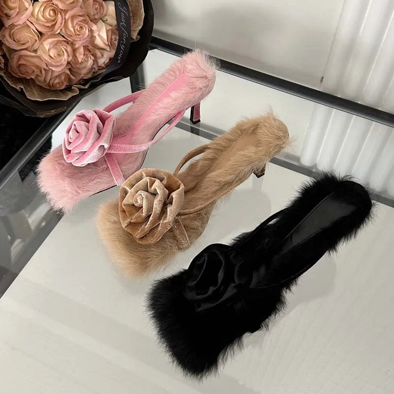 Corduroy Faux Fur Slippers Square Toe Highs Slides Summer Outdoor Banquet Shoes Low Heel Pumps