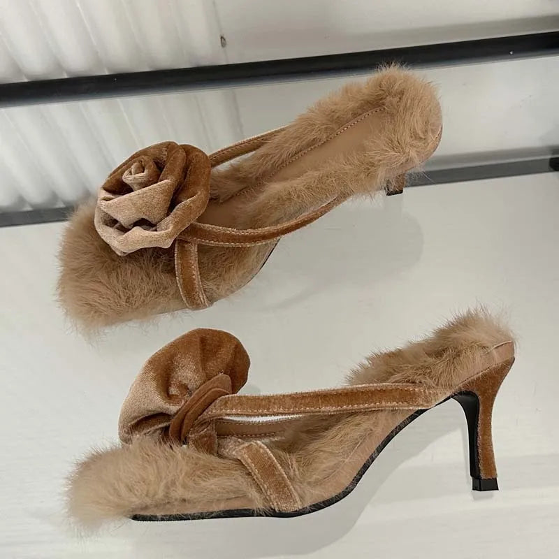 Corduroy Faux Fur Slippers Square Toe Highs Slides Summer Outdoor Banquet Shoes Low Heel Pumps