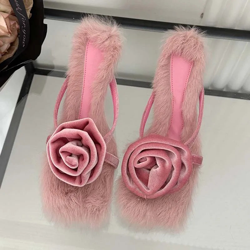 Corduroy Faux Fur Slippers Square Toe Highs Slides Summer Outdoor Banquet Shoes Low Heel Pumps
