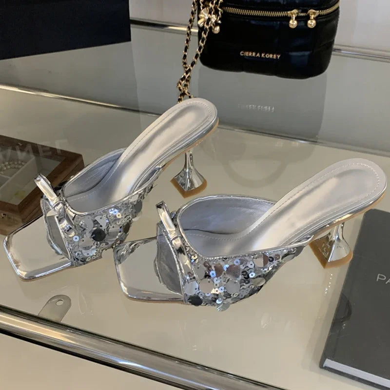 Sequined Square Toe Slippers Butterfly-knot High Dress Shoes Low Heel Pumps