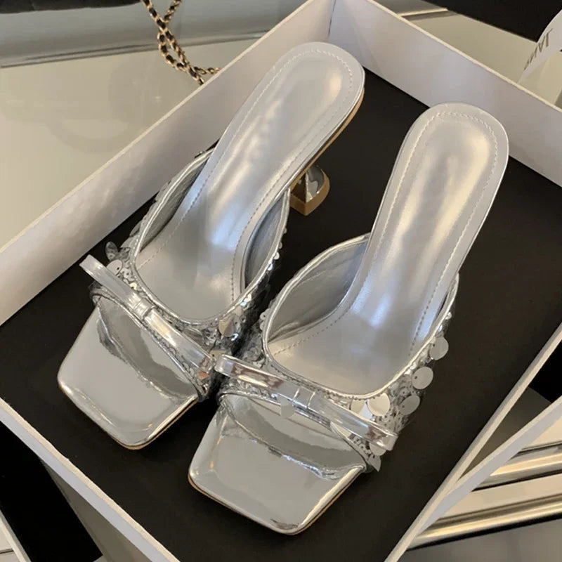 Sequined Square Toe Slippers Butterfly-knot High Dress Shoes Low Heel Pumps