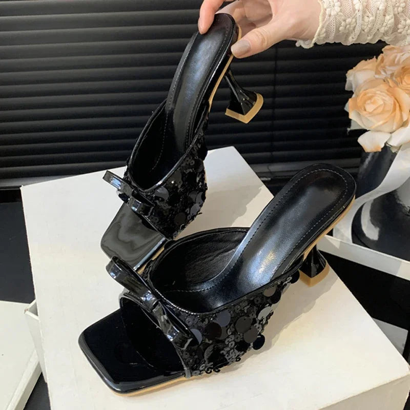 Sequined Square Toe Slippers Butterfly-knot High Dress Shoes Low Heel Pumps