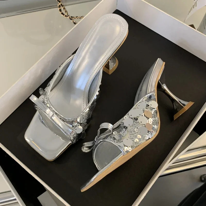 Sequined Square Toe Slippers Butterfly-knot High Dress Shoes Low Heel Pumps