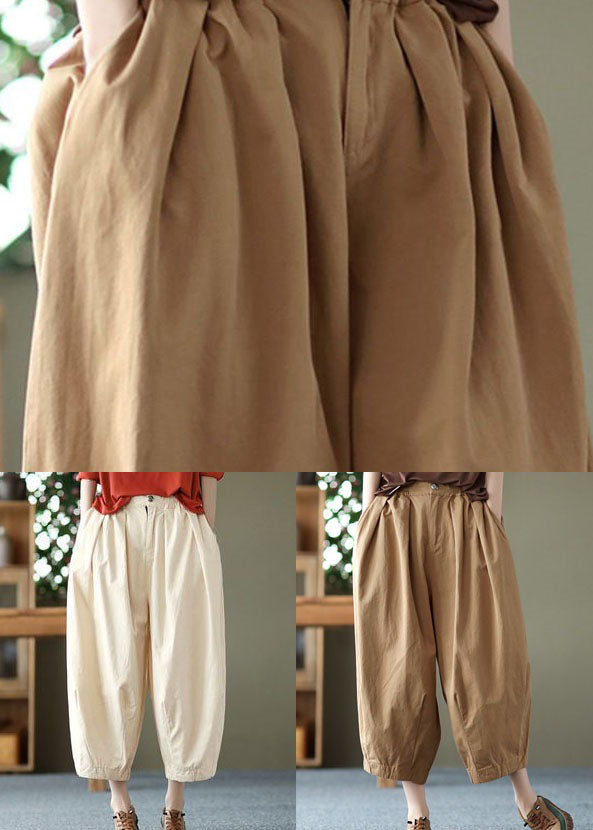 Khaki Pockets Patchwork Linen Crop Pants Wrinkled Summer Ly0622