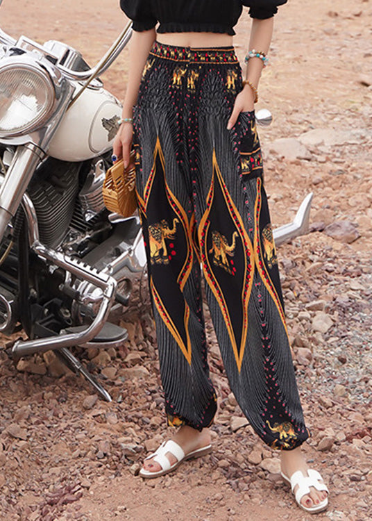 Black Elastic Waist Print Lantern Pants Summer Ly0200