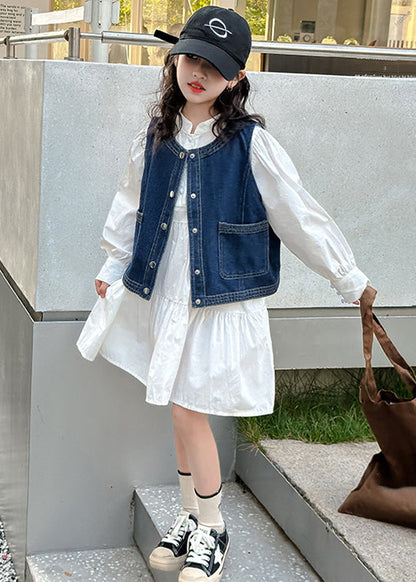 Blue Denim Waistcoat and White Dress Sets 2 Pieces Fall Xz081