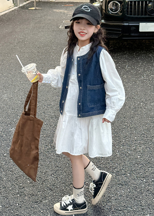 Blue Denim Waistcoat and White Dress Sets 2 Pieces Fall Xz081