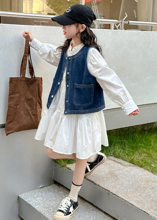 Blue Denim Waistcoat and White Dress Sets 2 Pieces Fall Xz081