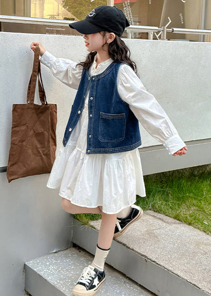 Blue Denim Waistcoat and White Dress Sets 2 Pieces Fall Xz081