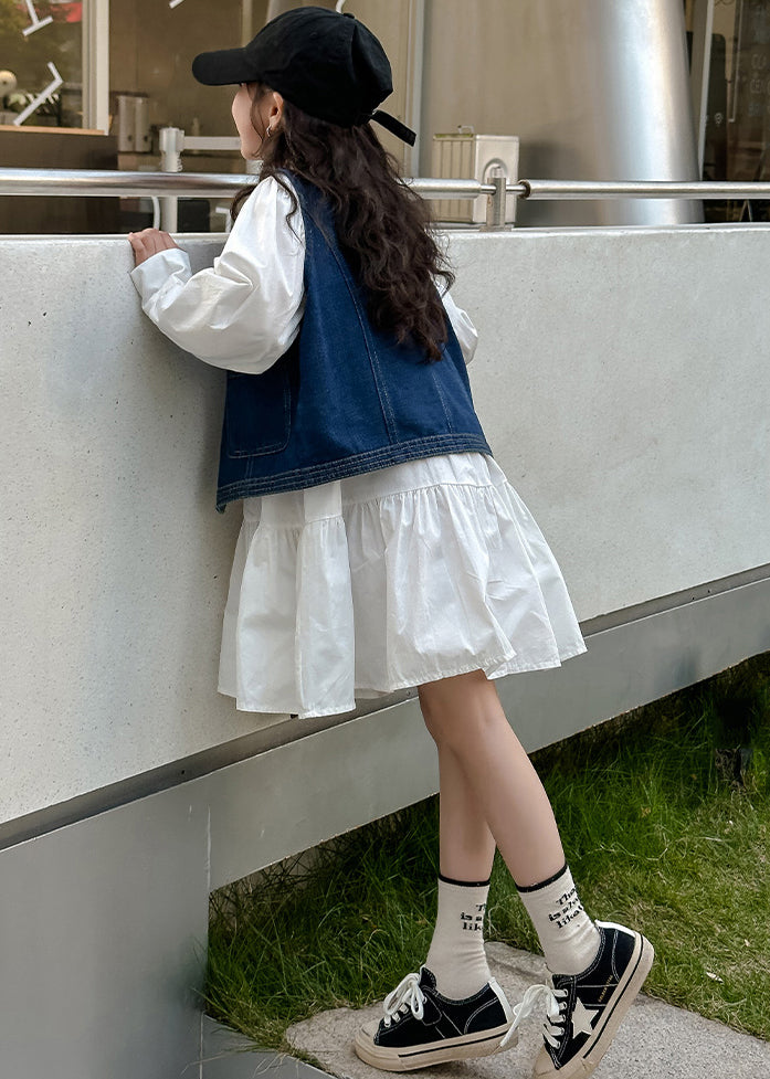 Blue Denim Waistcoat and White Dress Sets 2 Pieces Fall Xz081