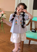 Blue O-neck Cinched Top and Shorts Two Pieces Set Short Sleeve Ss1032