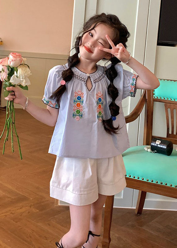 Blue O-neck Cinched Top and Shorts Two Pieces Set Short Sleeve Ss1032