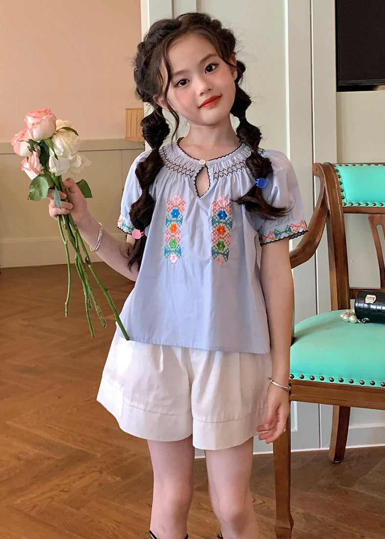 Blue O-neck Cinched Top and Shorts Two Pieces Set Short Sleeve Ss1032