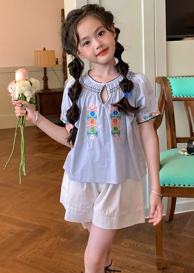 Blue O-neck Cinched Top and Shorts Two Pieces Set Short Sleeve Ss1032