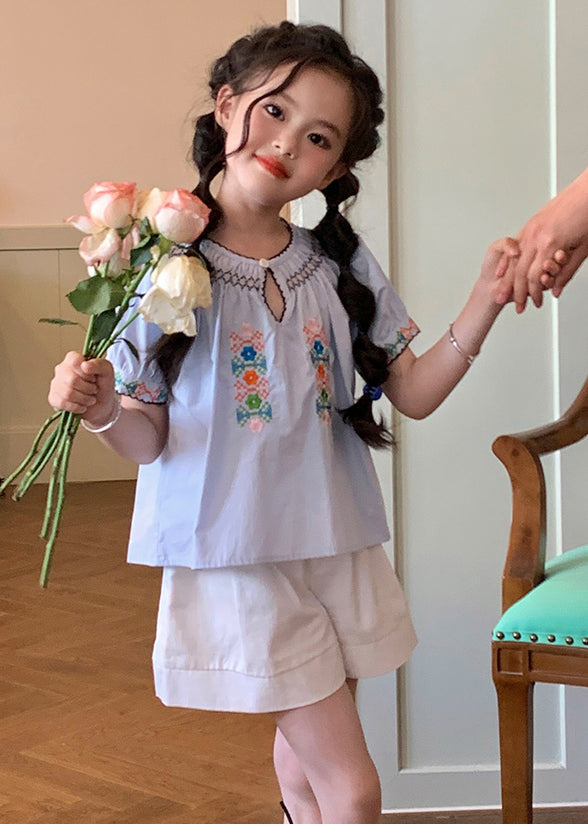 Blue O-neck Cinched Top and Shorts Two Pieces Set Short Sleeve Ss1032