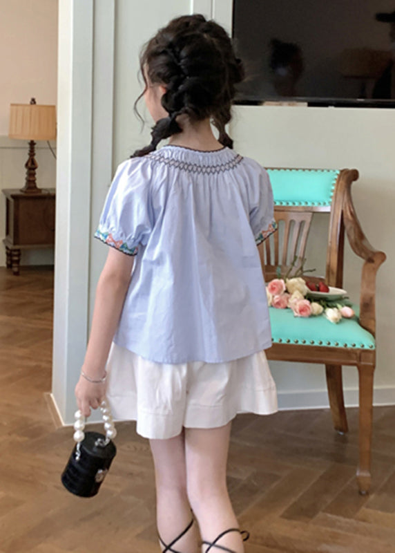 Blue O-neck Cinched Top and Shorts Two Pieces Set Short Sleeve Ss1032