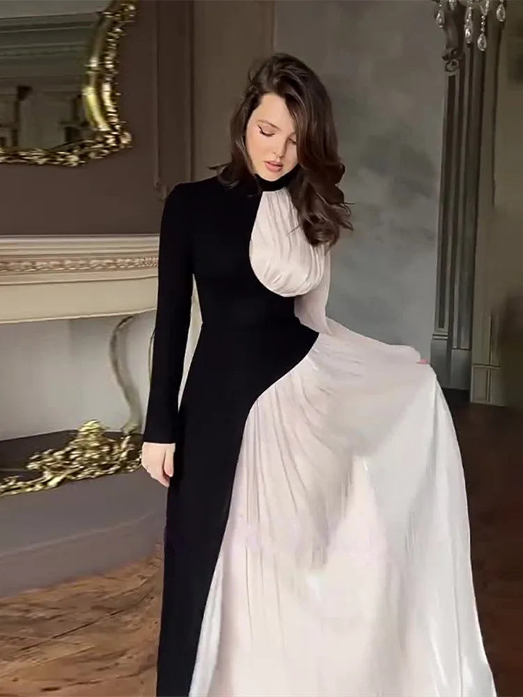 Contrast Patchwork ’s Long Dress Half High Collar Full Sleeve Waistband Vestidos New Female Commute