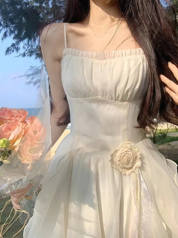 Irregular Ruffles Midi Dress New Summer Spaghetti Strap Beach Vocation Korean Female Vestidos