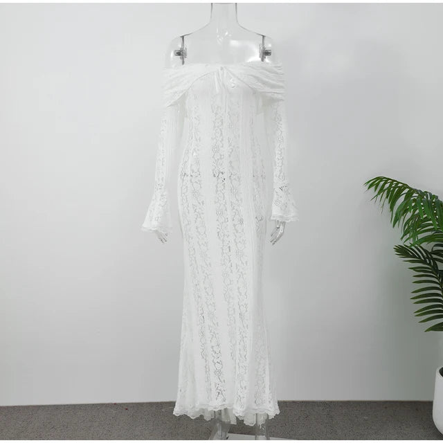Off Shoulder Lace Maxi Dress Hollow Out Long Flare Sleeve Slim Dresses New Female Evening Party Gowns