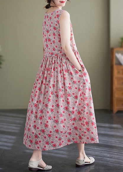 Pink Lace Up Wrinkled Print Cotton Long Dress Sleeveless Jh036