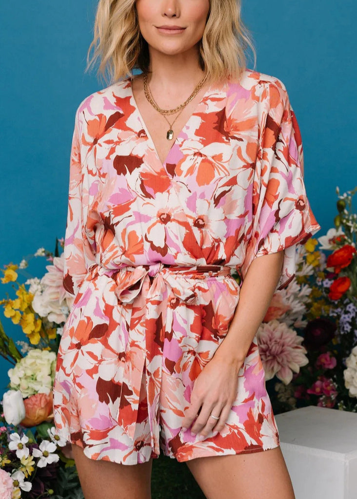 Pink V Neck Print Pockets Jumpsuits Summer Au1008