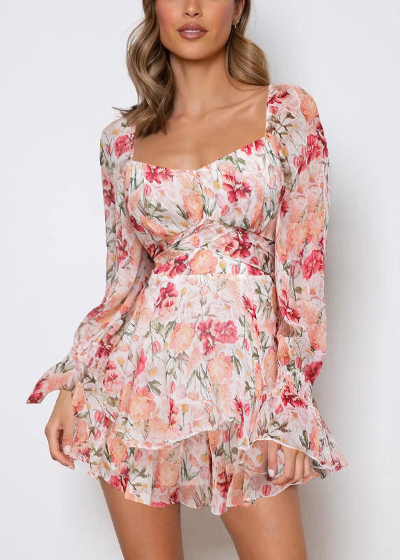 Spring Print Zippered Pink Jumpsuit Up Lace