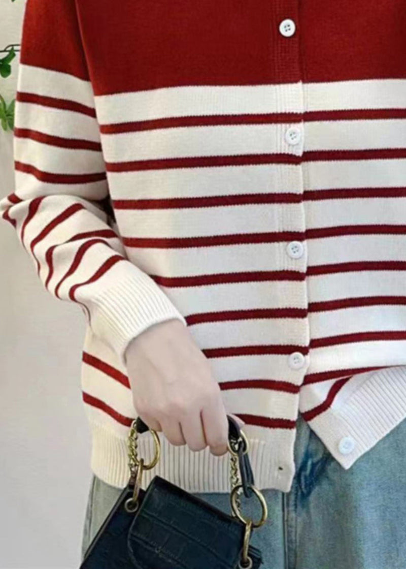 Red Striped Button Knit Cardigan Fall Qg005